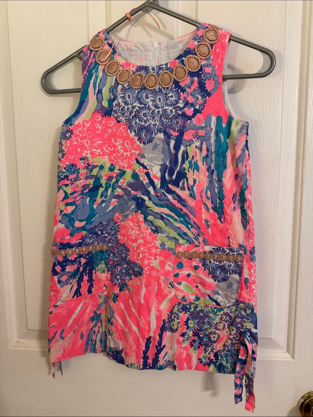 Lilly Pulitzer Neon Pink & Blue Floral Sleeveless Dress with Embellished Trim